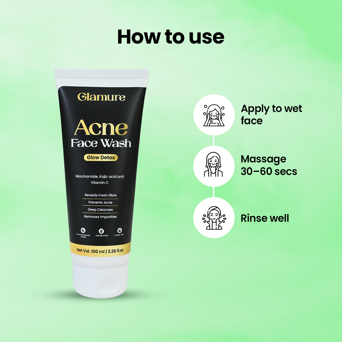 GLAMURE Acne Face Wash for Oily & Acne-Prone Skin | Clarifying Cleanser with Niacinamide, Kojic Acid, Vitamin C & Glycolic Acid | For Pimples, Scars & Blemishes | Men & Women | 100ml