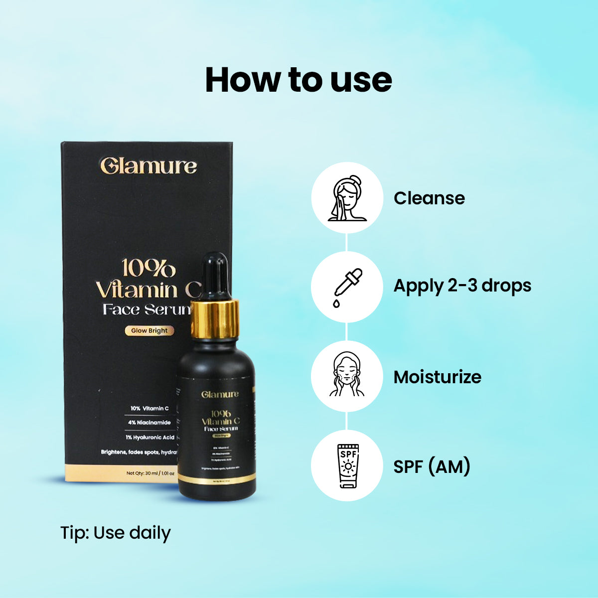 GLAMURE 10% Vitamin C Face Serum with 4% Niacinamide & 1% Hyaluronic Acid | Brightening & Hydrating Serum for Glowing Skin, Dark Spots, and Pigmentation | For Men & Women | 30ml