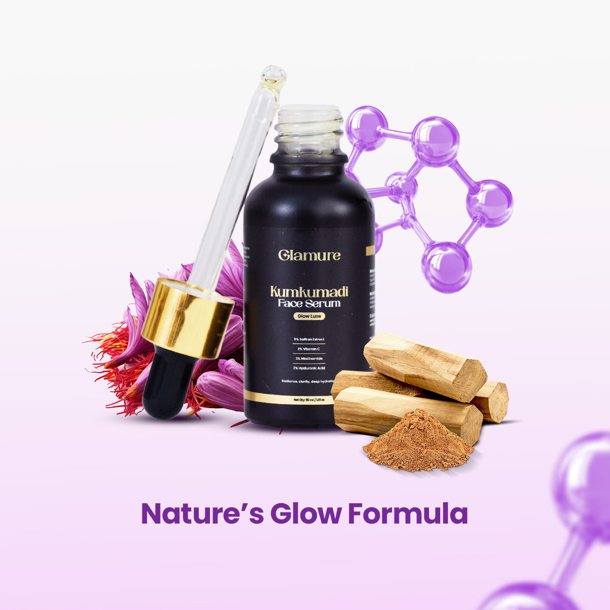 Glamure Kumkumadi Face Serum | Ayurvedic Kumkumadi Tailam Face Oil with Vitamin C, Niacinamide & Hyaluronic Acid | Face Oil for Glowing Skin, Pigmentation & Dark Spots | 30ml