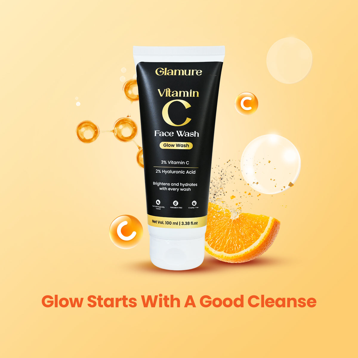 GLAMURE Vitamin C Face Wash | 3% Vitamin C + Hyaluronic Acid + Aloe Vera | Face Wash for Glowing Skin, Oily Skin, Dark Spots & Dullness | Gentle Cleanser for Men & Women | 100ml