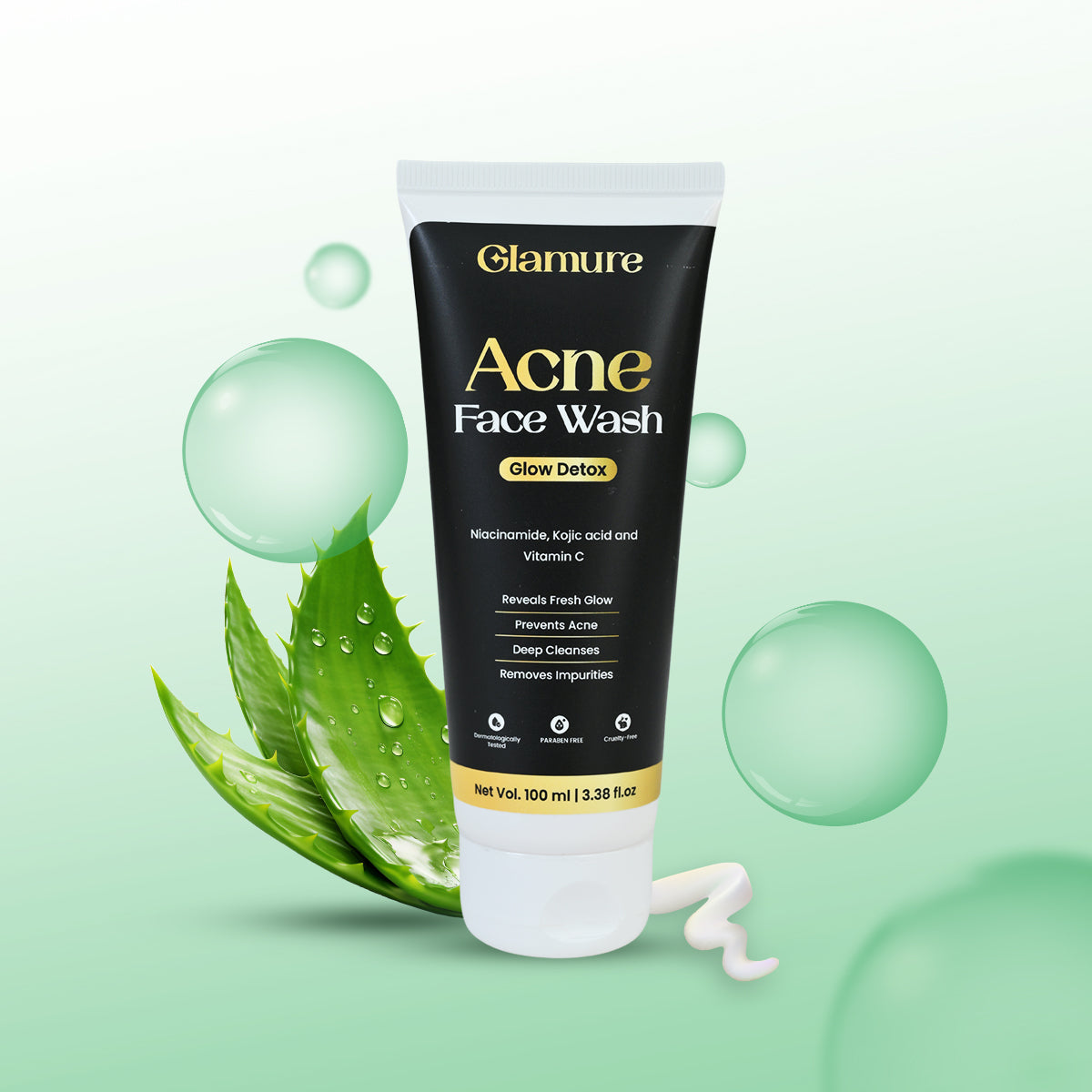 GLAMURE Acne Face Wash for Oily & Acne-Prone Skin | Clarifying Cleanser with Niacinamide, Kojic Acid, Vitamin C & Glycolic Acid | For Pimples, Scars & Blemishes | Men & Women | 100ml