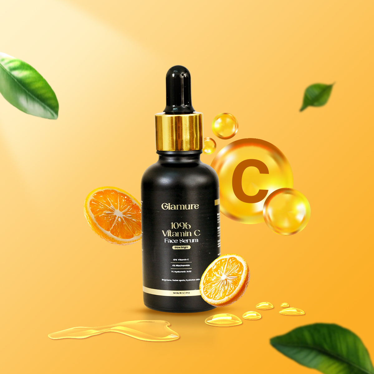 GLAMURE 10% Vitamin C Face Serum with 4% Niacinamide & 1% Hyaluronic Acid | Brightening & Hydrating Serum for Glowing Skin, Dark Spots, and Pigmentation | For Men & Women | 30ml