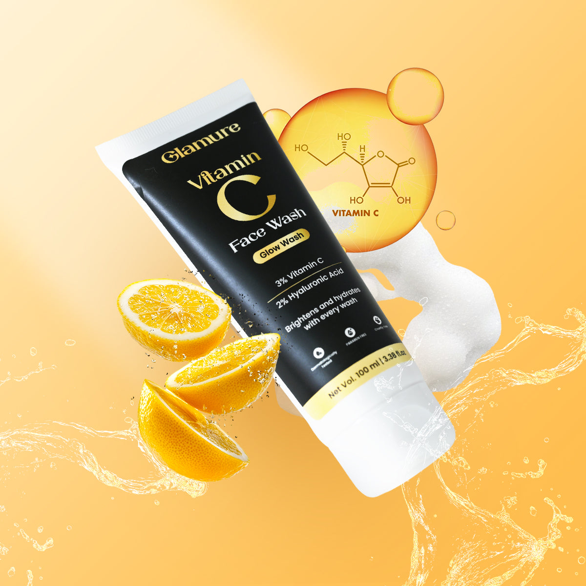 GLAMURE Vitamin C Face Wash | 3% Vitamin C + Hyaluronic Acid + Aloe Vera | Face Wash for Glowing Skin, Oily Skin, Dark Spots & Dullness | Gentle Cleanser for Men & Women | 100ml