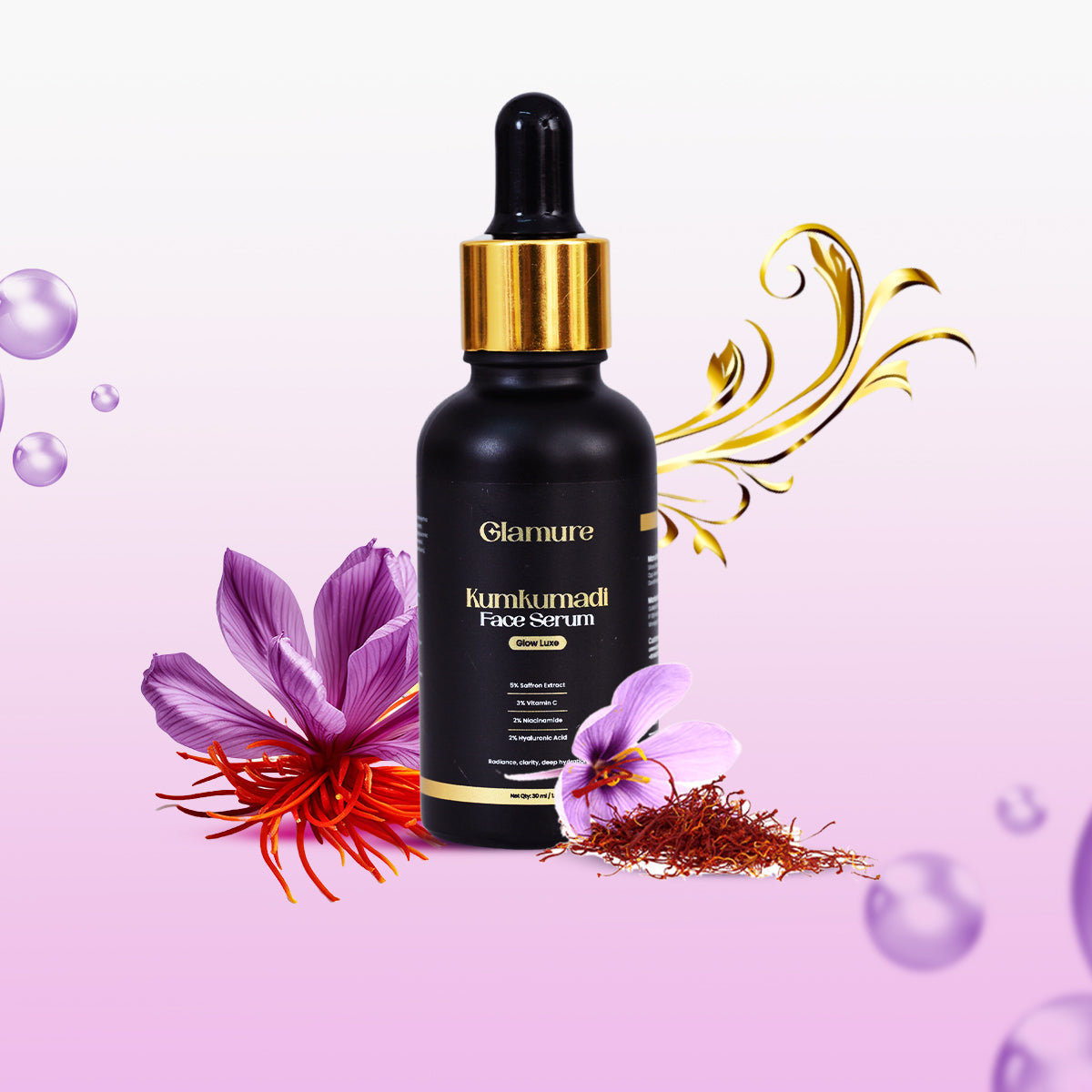 Glamure Kumkumadi Face Serum | Ayurvedic Kumkumadi Tailam Face Oil with Vitamin C, Niacinamide & Hyaluronic Acid | Face Oil for Glowing Skin, Pigmentation & Dark Spots | 30ml