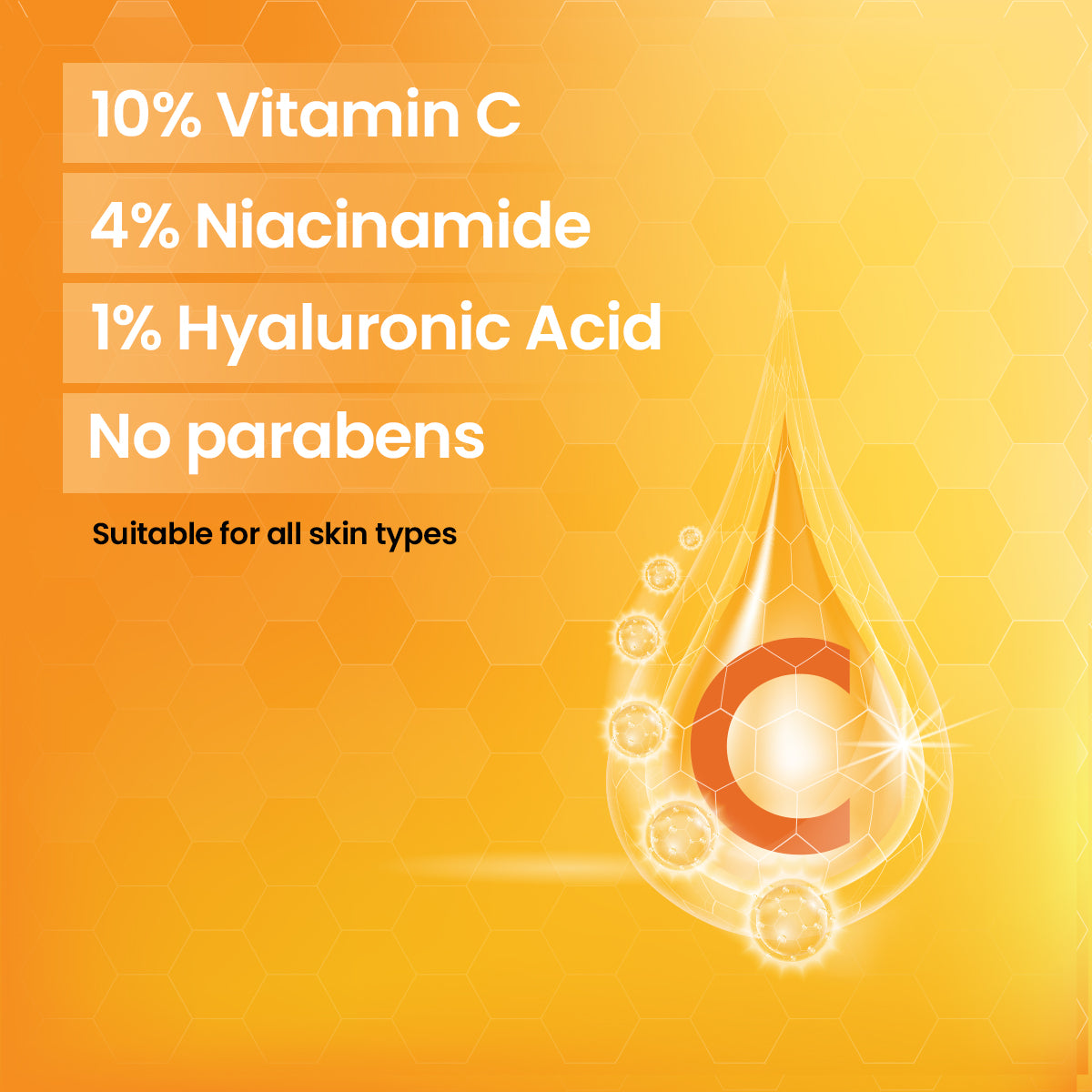 GLAMURE 10% Vitamin C Face Serum with 4% Niacinamide & 1% Hyaluronic Acid | Brightening & Hydrating Serum for Glowing Skin, Dark Spots, and Pigmentation | For Men & Women | 30ml