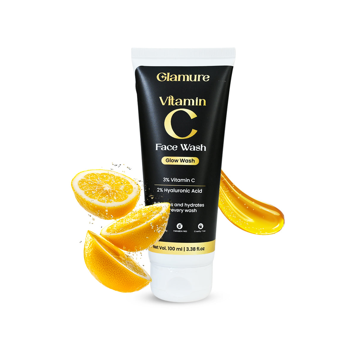 GLAMURE Vitamin C Face Wash | 3% Vitamin C + Hyaluronic Acid + Aloe Vera | Face Wash for Glowing Skin, Oily Skin, Dark Spots & Dullness | Gentle Cleanser for Men & Women | 100ml