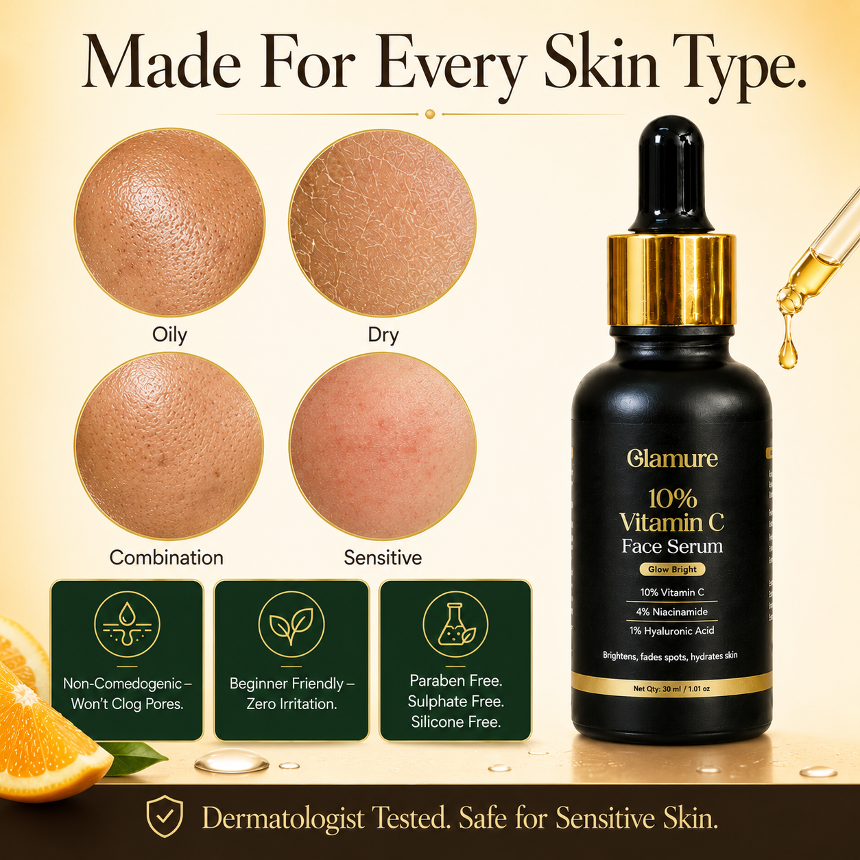 GLAMURE 10% Vitamin C Face Serum with 4% Niacinamide and 1% Hyaluronic Acid | 30ml