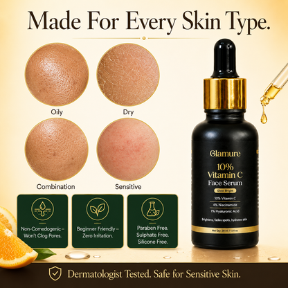 GLAMURE 10% Vitamin C Face Serum with 4% Niacinamide and 1% Hyaluronic Acid | 30ml