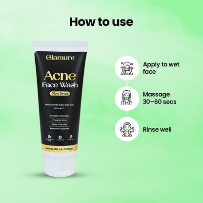 GLAMURE Acne Face Wash for Oily & Acne-Prone Skin | Clarifying Cleanser with Niacinamide, Kojic Acid, Vitamin C & Glycolic Acid | For Pimples, Scars & Blemishes | Men & Women | 100ml