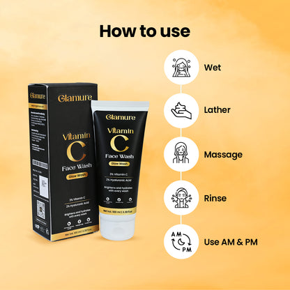 GLAMURE Vitamin C Face Wash | 3% Vitamin C + Hyaluronic Acid + Aloe Vera | Face Wash for Glowing Skin, Oily Skin, Dark Spots & Dullness | Gentle Cleanser for Men & Women | 100ml