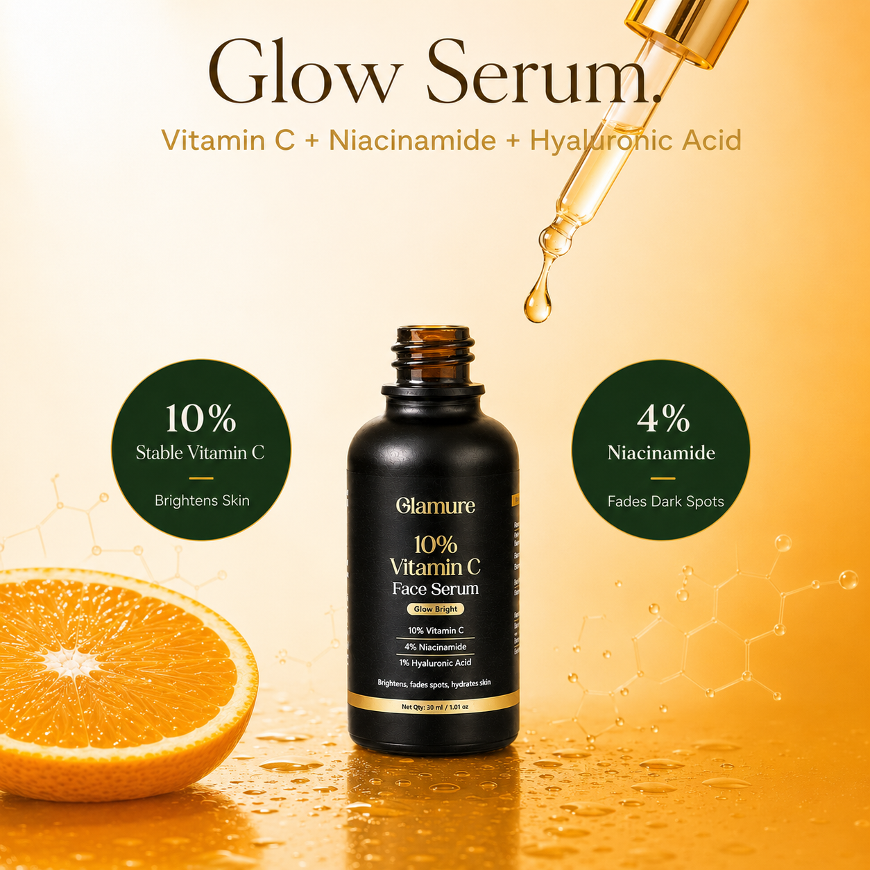 GLAMURE 10% Vitamin C Face Serum with 4% Niacinamide and 1% Hyaluronic Acid | 30ml
