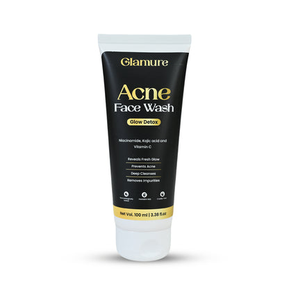 GLAMURE Acne Face Wash for Oily & Acne-Prone Skin | Clarifying Cleanser with Niacinamide, Kojic Acid, Vitamin C & Glycolic Acid | For Pimples, Scars & Blemishes | Men & Women | 100ml