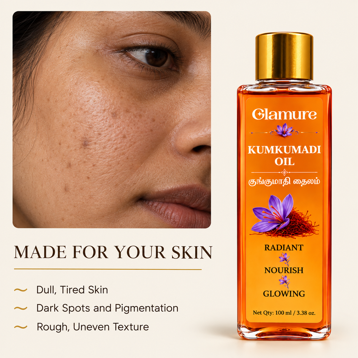 Kumkumadi Tailam Face Oil | Ayurvedic Face Oil for Glowing Skin with Saffron, Rosehip & Sandalwood | Kumkumadi Oil for Pigmentation, Dark Spots & Anti-Ageing | For All Skin Types | 100ml