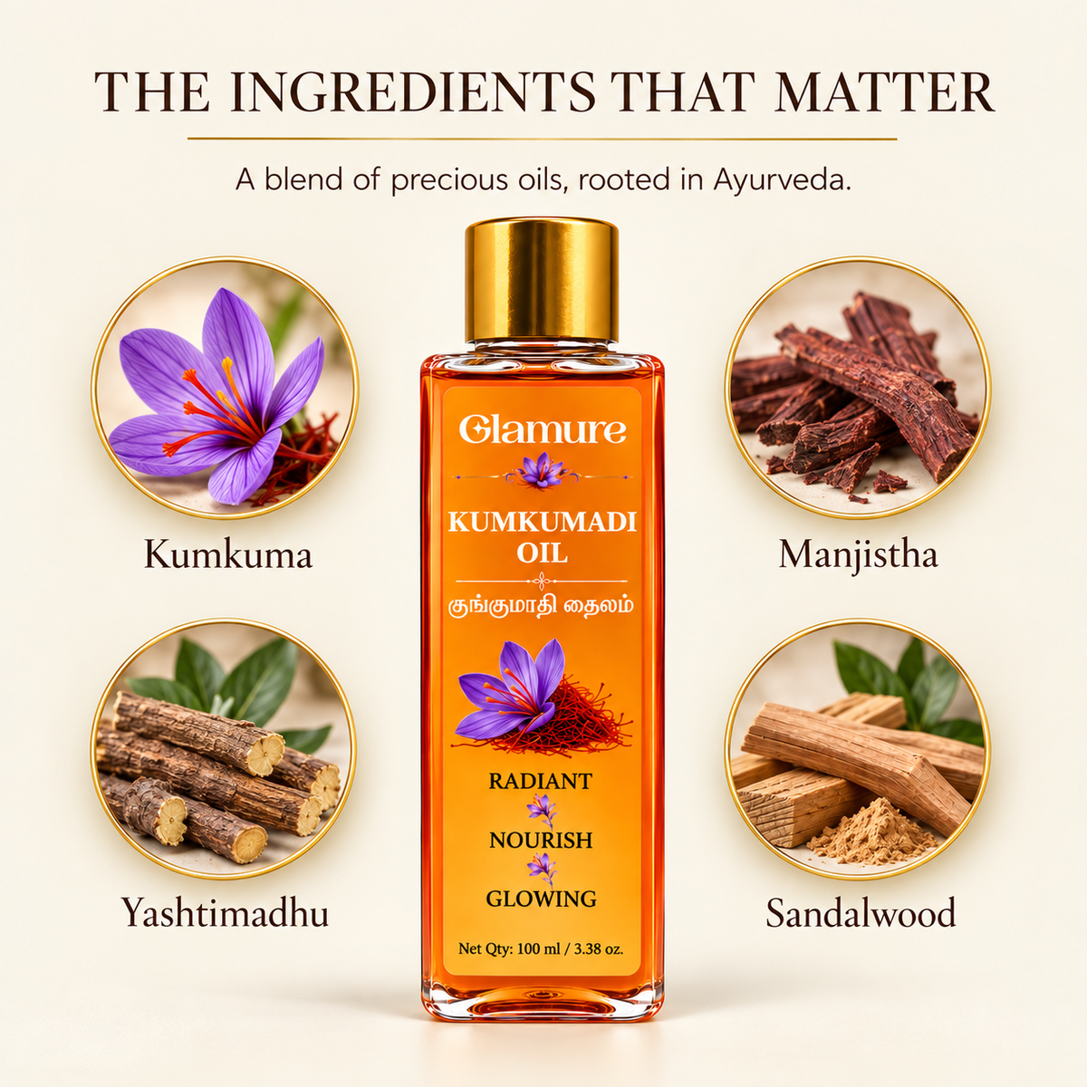 Kumkumadi Tailam Face Oil | Ayurvedic Face Oil for Glowing Skin with Saffron, Rosehip & Sandalwood | Kumkumadi Oil for Pigmentation, Dark Spots & Anti-Ageing | For All Skin Types | 100ml