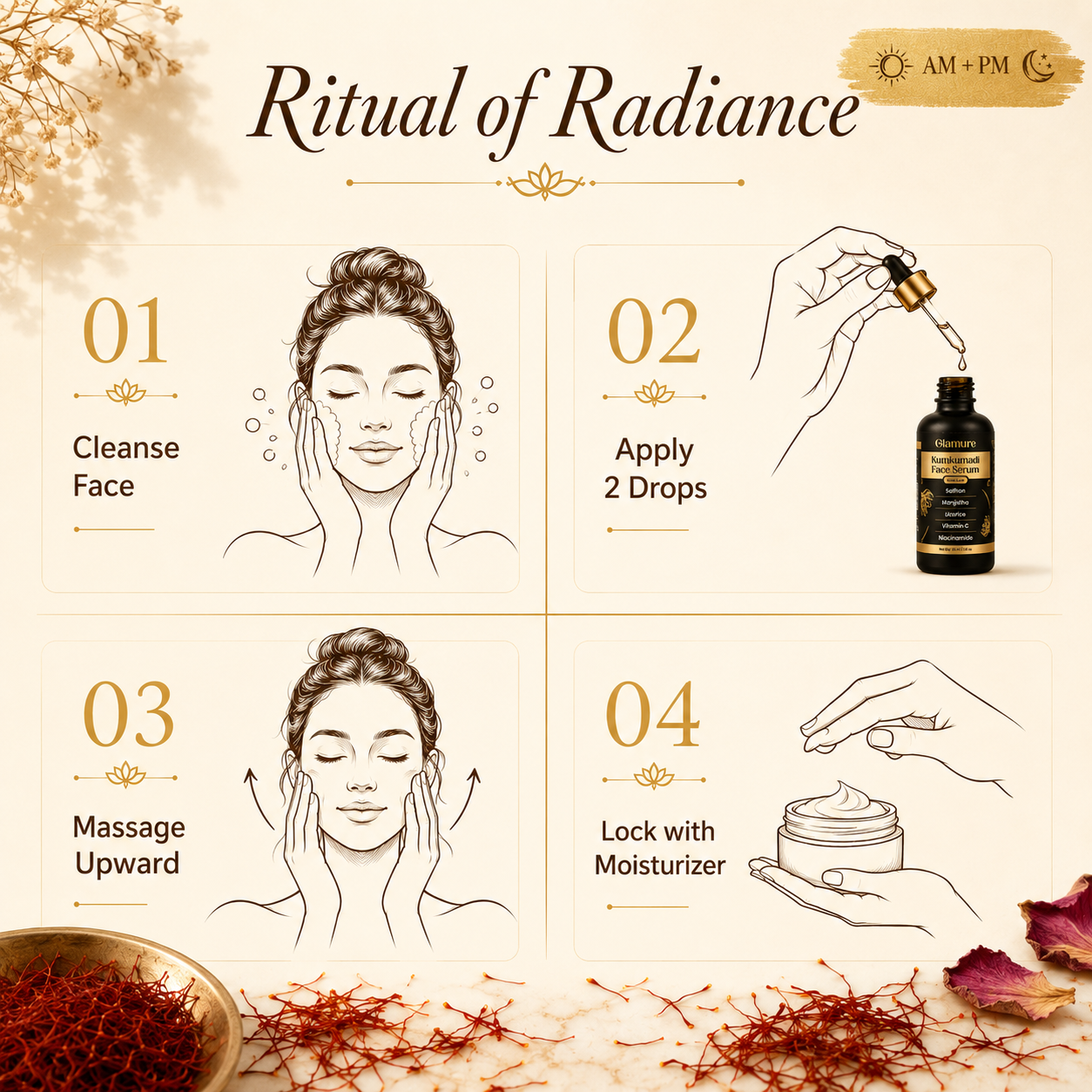 GLAMURE Ayurvedic Kumkumadi Tailam Face Oil with Saffron, Niacinamide and Hyaluronic Acid | 30ml