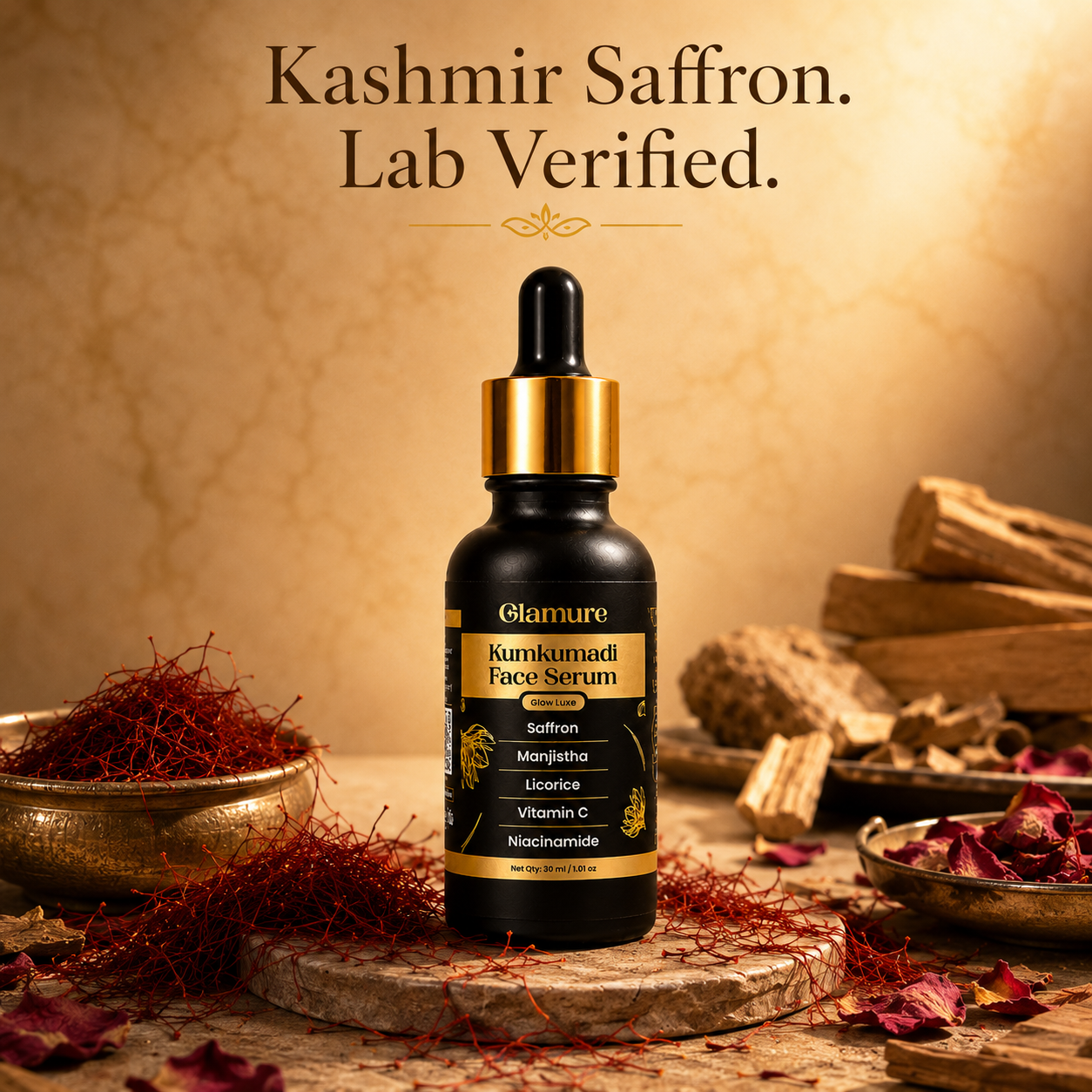 GLAMURE Ayurvedic Kumkumadi Tailam Face Oil with Saffron, Niacinamide and Hyaluronic Acid | 30ml